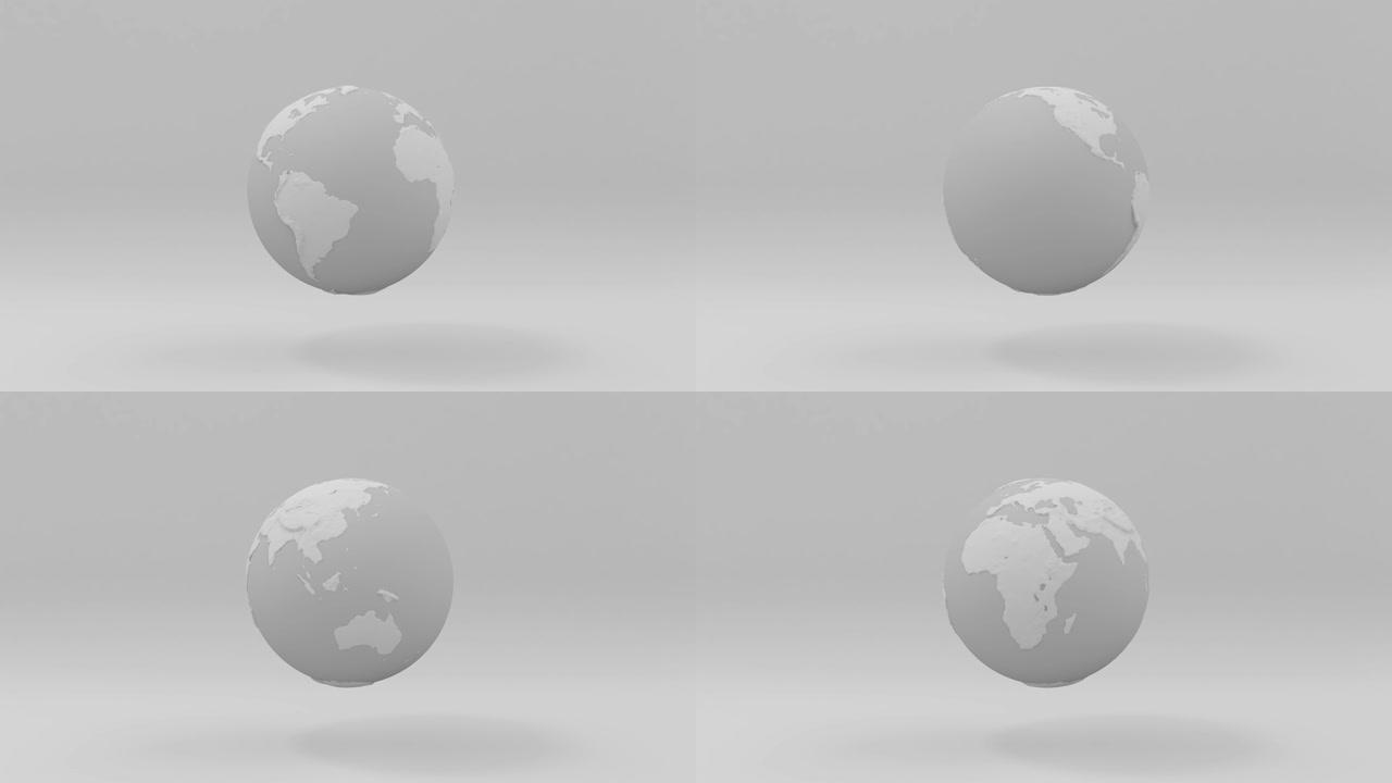 现代白色地球行星孤立在白色背景上。抽象地球旋转。最小的平面世界想法。代表全球的、普遍的、国际的概念。