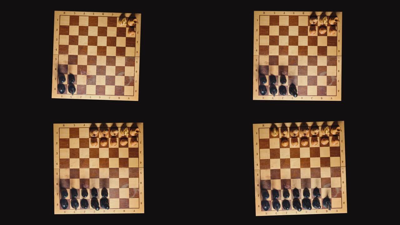 复古棋盘上的复古作品排列，黑色背景上的延时。比赛开始前的起始位置，顶视图