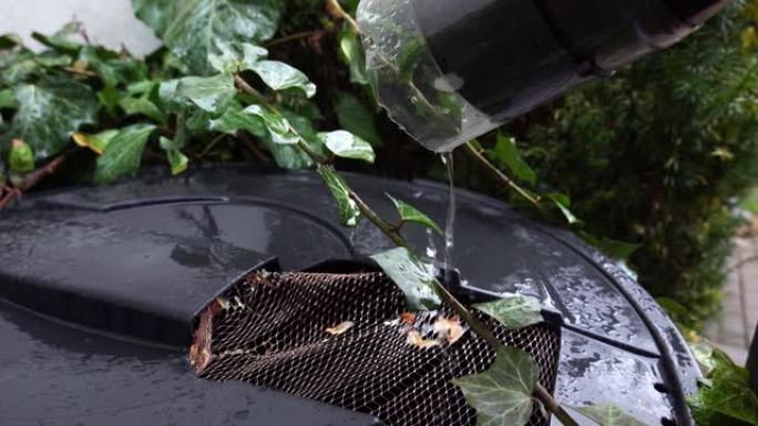 从屋顶排水沟收集并收集的雨水进入花园棕色塑料桶罐