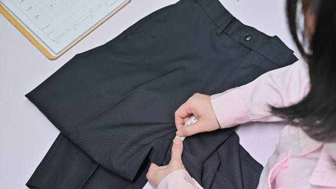 服装厂女工正在质量测量裤子质检