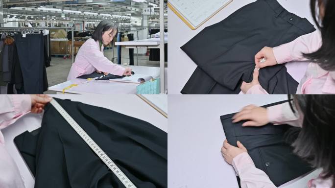 服装厂女工正在质量测量裤子质检