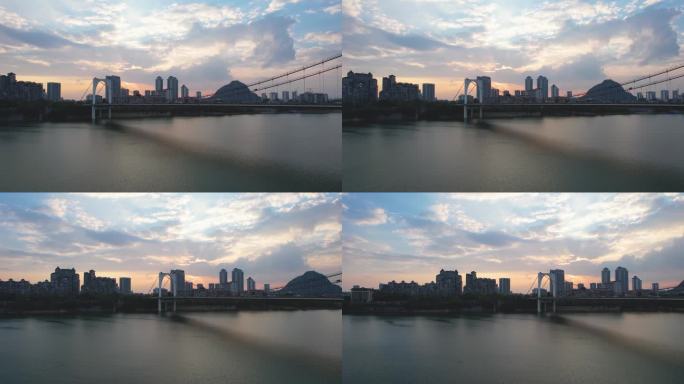 广西柳州红光大桥夕阳柳江风光城市建筑航拍