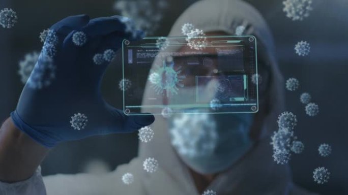 新型冠状病毒肺炎细胞漂浮在卫生工作者手持未来屏幕的医疗数据处理
