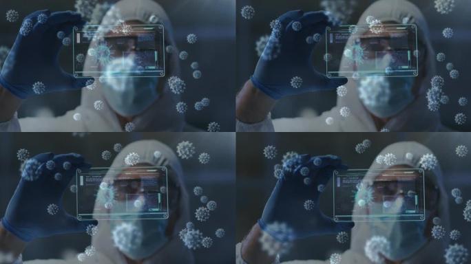 新型冠状病毒肺炎细胞漂浮在卫生工作者手持未来屏幕的医疗数据处理