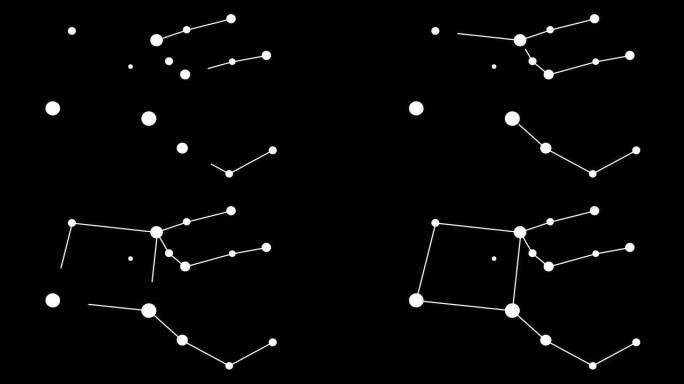飞马座星座。夜空中的星星。黑白线条艺术风格的星座。星系团。横向构图，4k视频质量