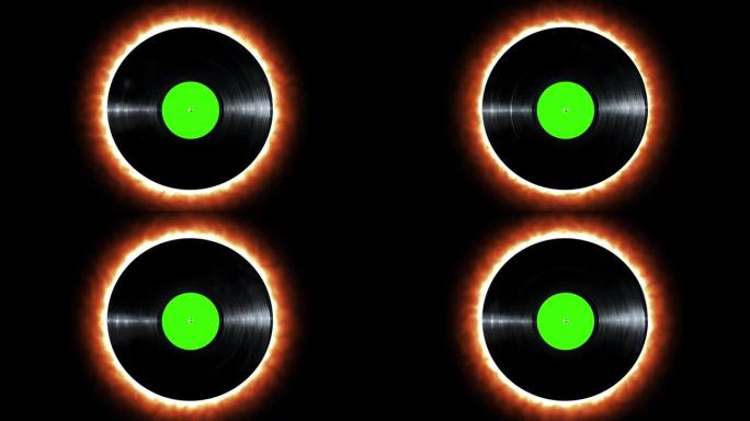 发光的霓虹灯线乙烯基磁盘与绿色模型贴纸旋转孤立在黑色背景上。版本4