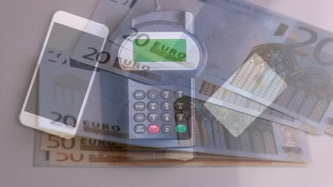 智能手机、信用卡和支付终端上的欧元纸币动画