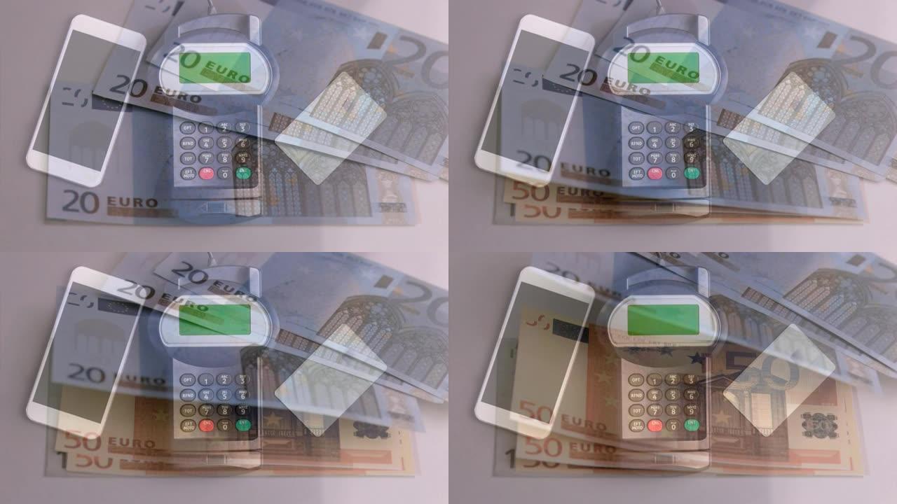 智能手机、信用卡和支付终端上的欧元纸币动画