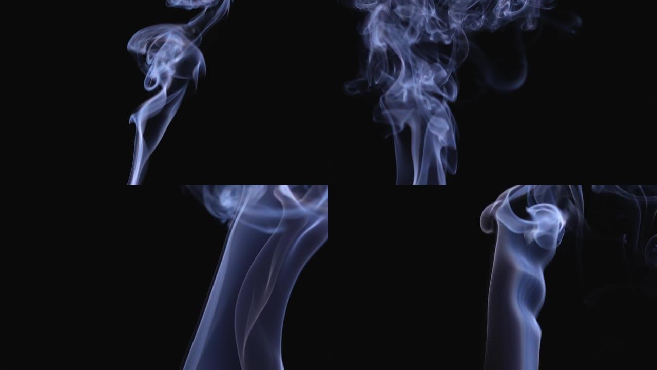 一股白烟以错综复杂的图案上升到空中。白烟，一团冷雾，慢动作中的黑色背景上的蒸汽。特写