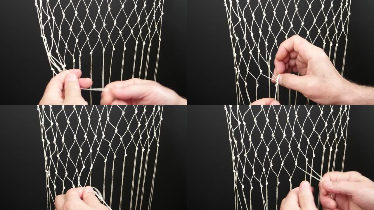 人的手用白色合成纤维，绳索，编织网，延时