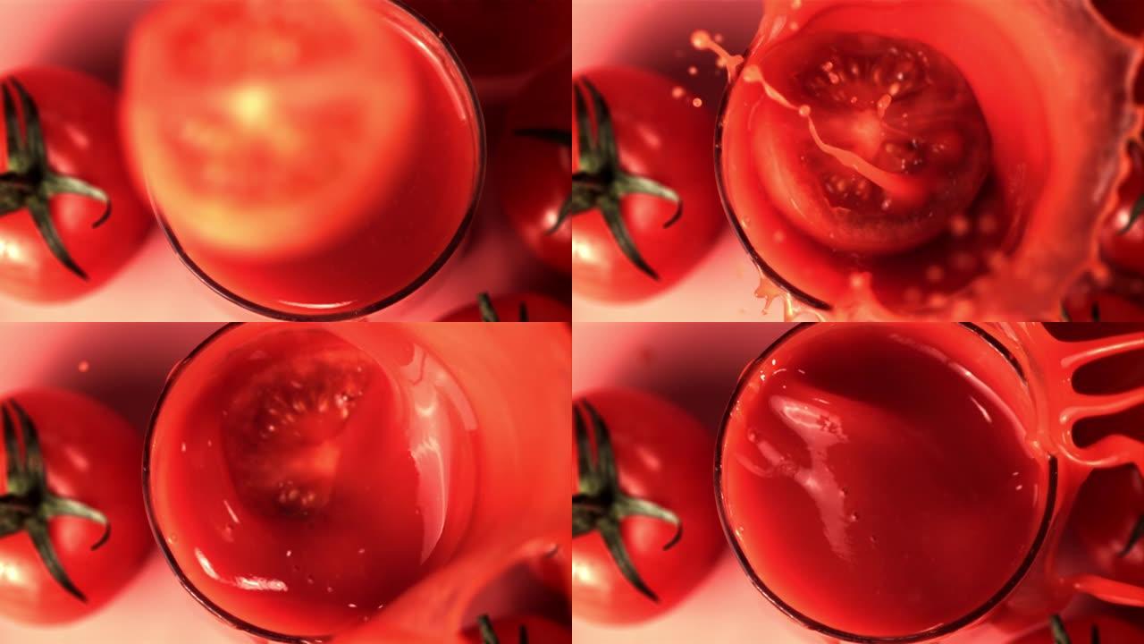 在装有番茄汁的玻璃杯中超慢动作滴一块番茄。以1000 fps拍摄。