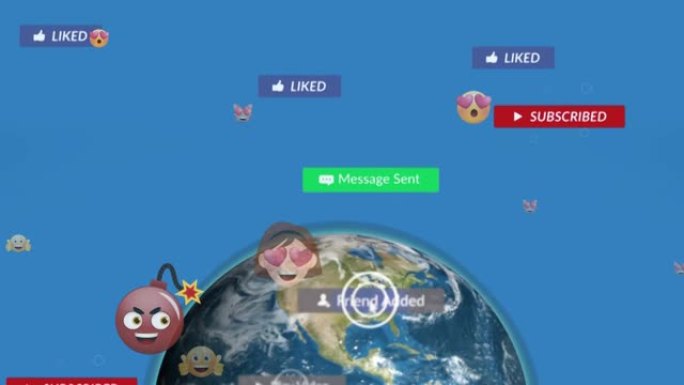 蓝色背景上带有表情符号和地球仪的横幅上的社交媒体文本动画