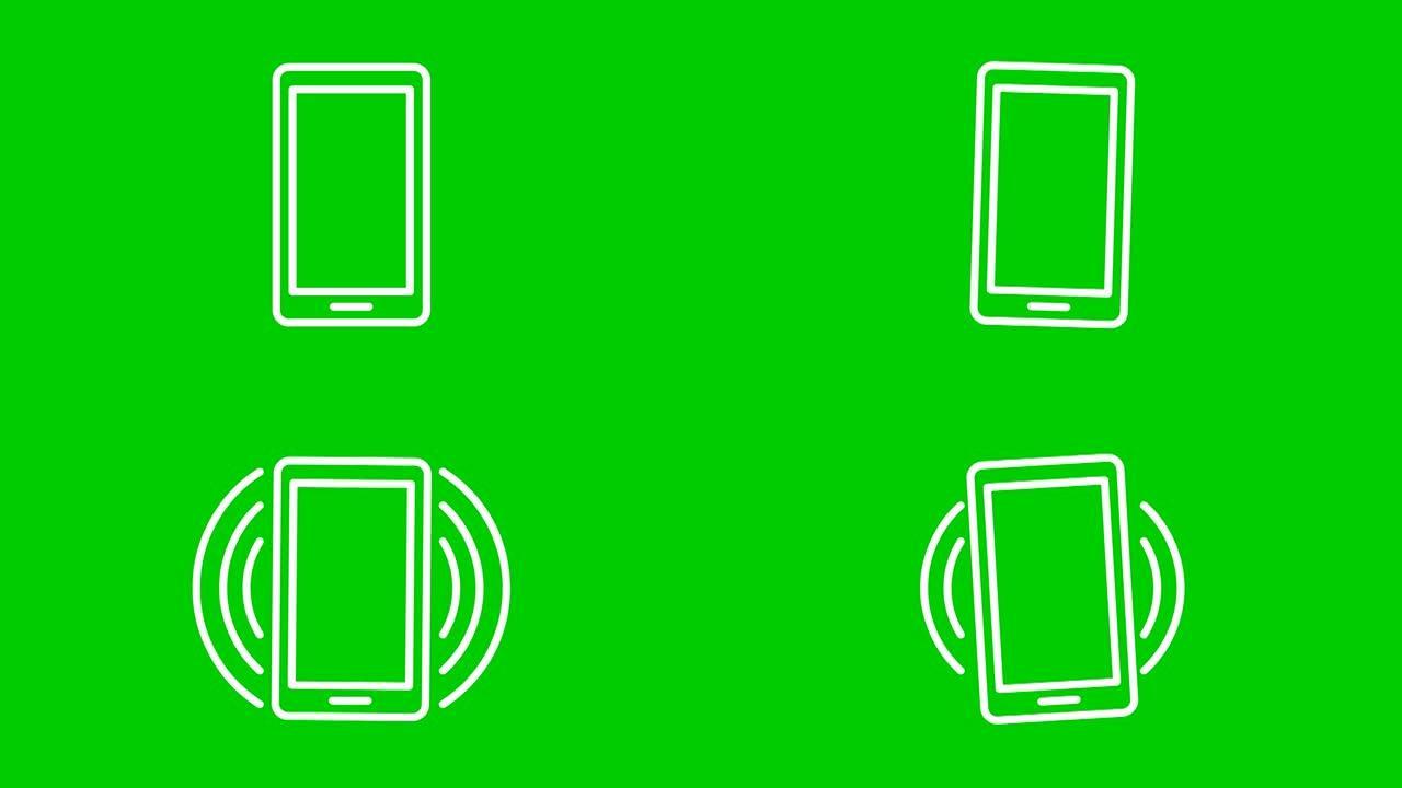手机的动画白线图标。智能手机的象征。沟通的概念。循环视频。矢量插图孤立在绿色背景上。