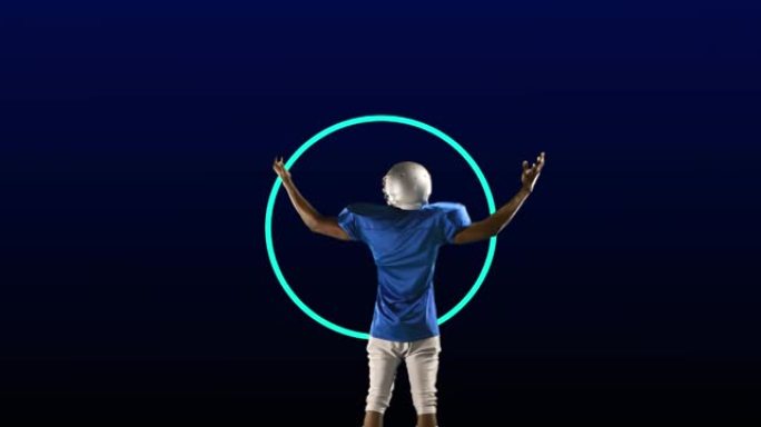 美式足球运动员的后视图动画，在移动的霓虹蓝环和蓝色圆圈上