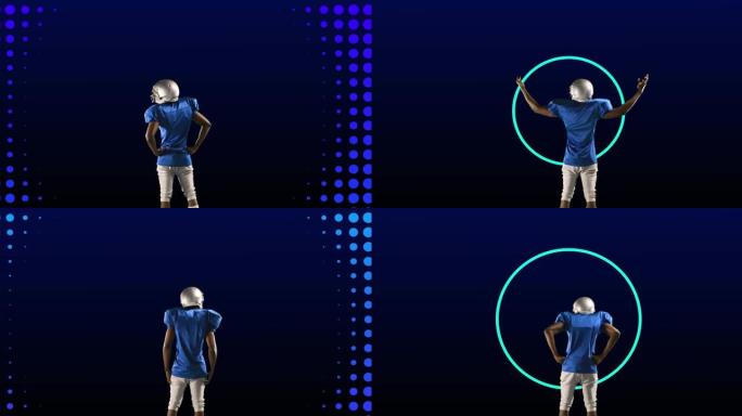 美式足球运动员的后视图动画，在移动的霓虹蓝环和蓝色圆圈上