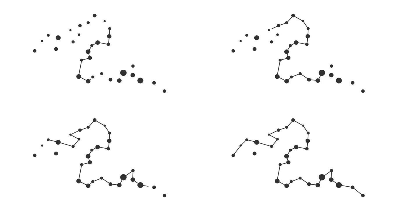 埃里达努斯星座。夜空中的星星。黑白线条艺术风格的星座。星系团。横向构图，4k视频质量