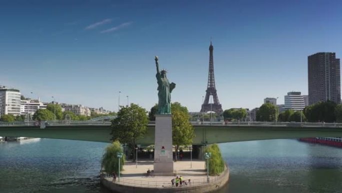 巴黎市河岛自由女神像纪念碑交通桥塔区空中全景4k法国