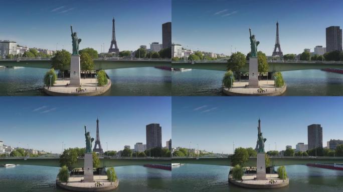 巴黎市河岛自由女神像纪念碑交通桥塔区空中全景4k法国