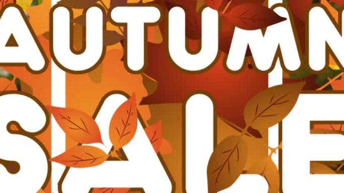 秋叶和森林上白色字母的秋季销售文本动画