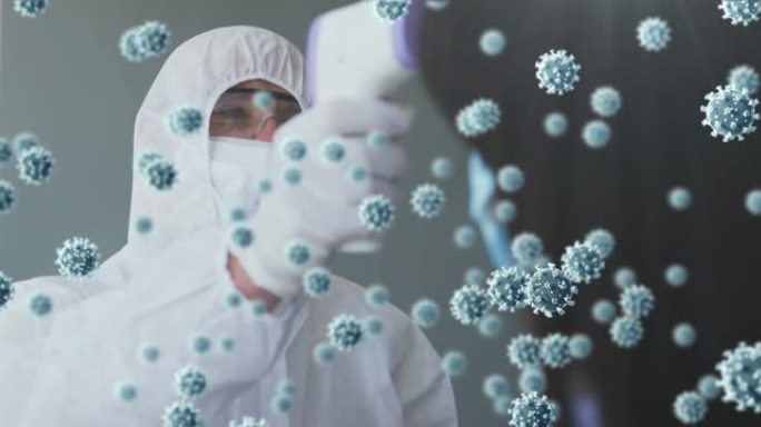 带面罩的人检查温度的漂浮新型冠状病毒肺炎细胞的动画