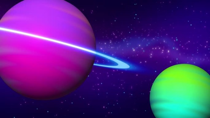 抽象行星和星空的循环动画。紫色神秘行星在太空中旋转着发光的环。宇宙，宇宙概念。抽象球体，银河系素材