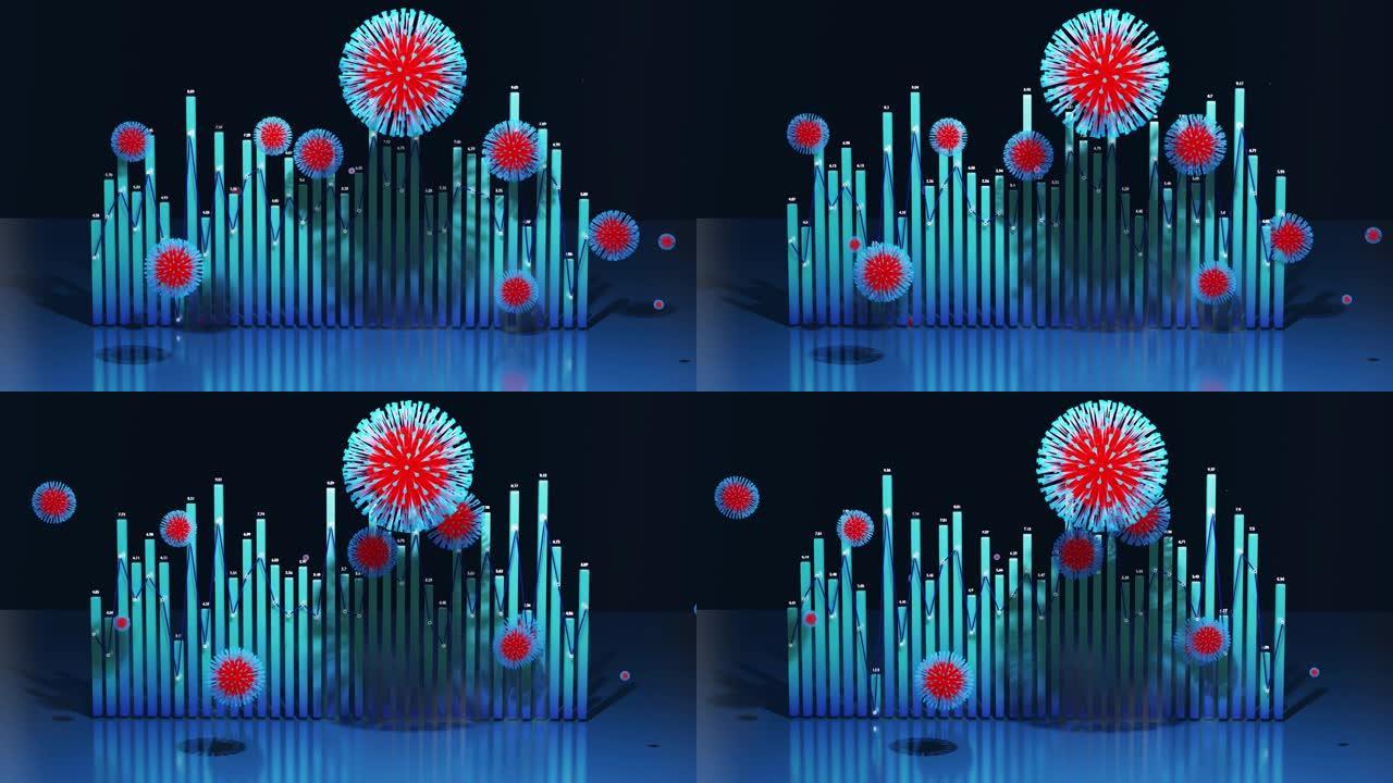 像新型冠状病毒肺炎一样的冠状病毒在其周围飞行的列或条的抽象图。4k中的3d信息图循环背景。列上的数字