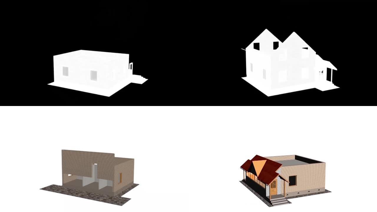 延时3d动画显示了房屋的建造过程。带亮度哑光。