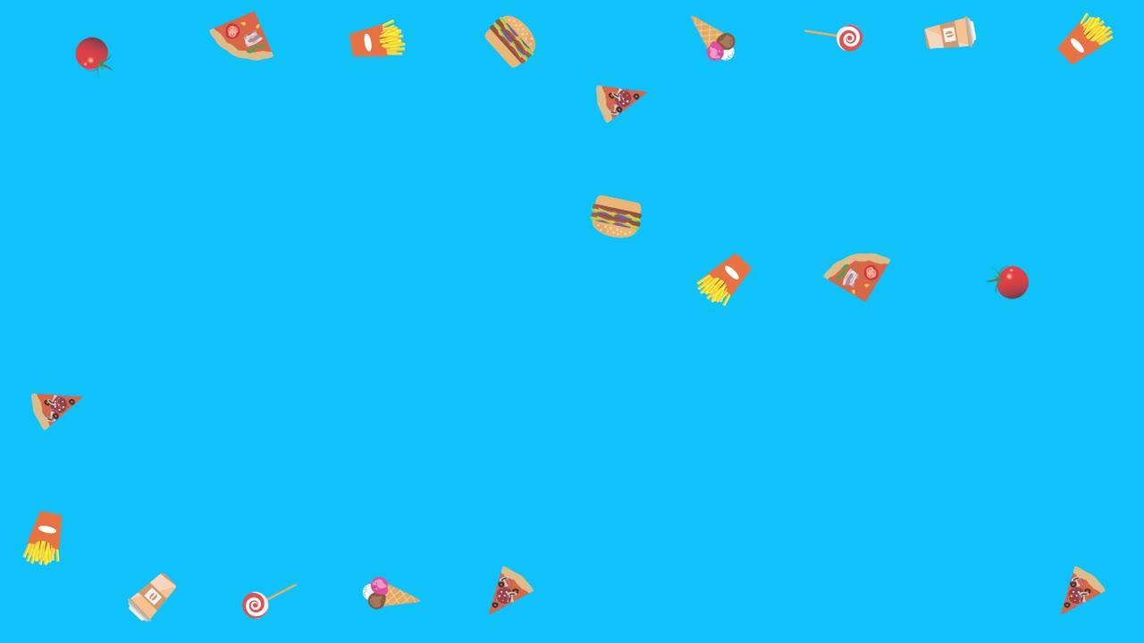 蓝屏色键上的快餐元素动画，平面设计，图形源