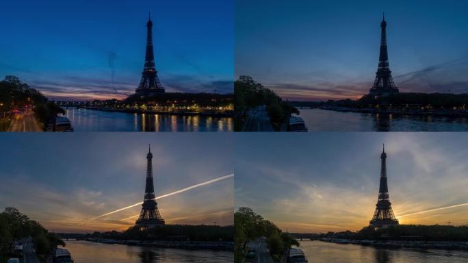 巴黎、埃菲尔铁塔、塞纳河、莉娜桥、交通、码头上空的日出延时