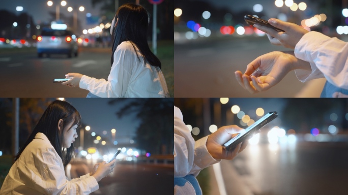 夜晚女孩在街边玩手机