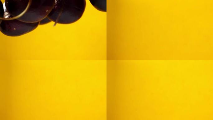 黑色樱桃在慢动作的黄色背景特写镜头上飞翔