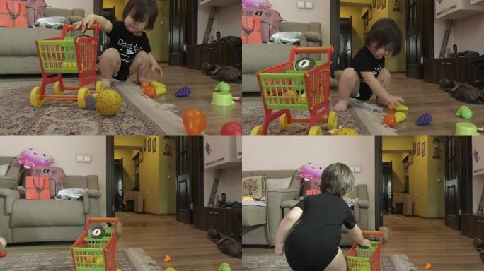 一个小孩收集散落在房间地板上的玩具