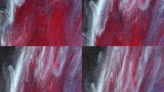 树脂艺术。红色，白色，黑色背景。闪亮的火花。抽象的红色溪流在黑暗的背景下流动和移动。