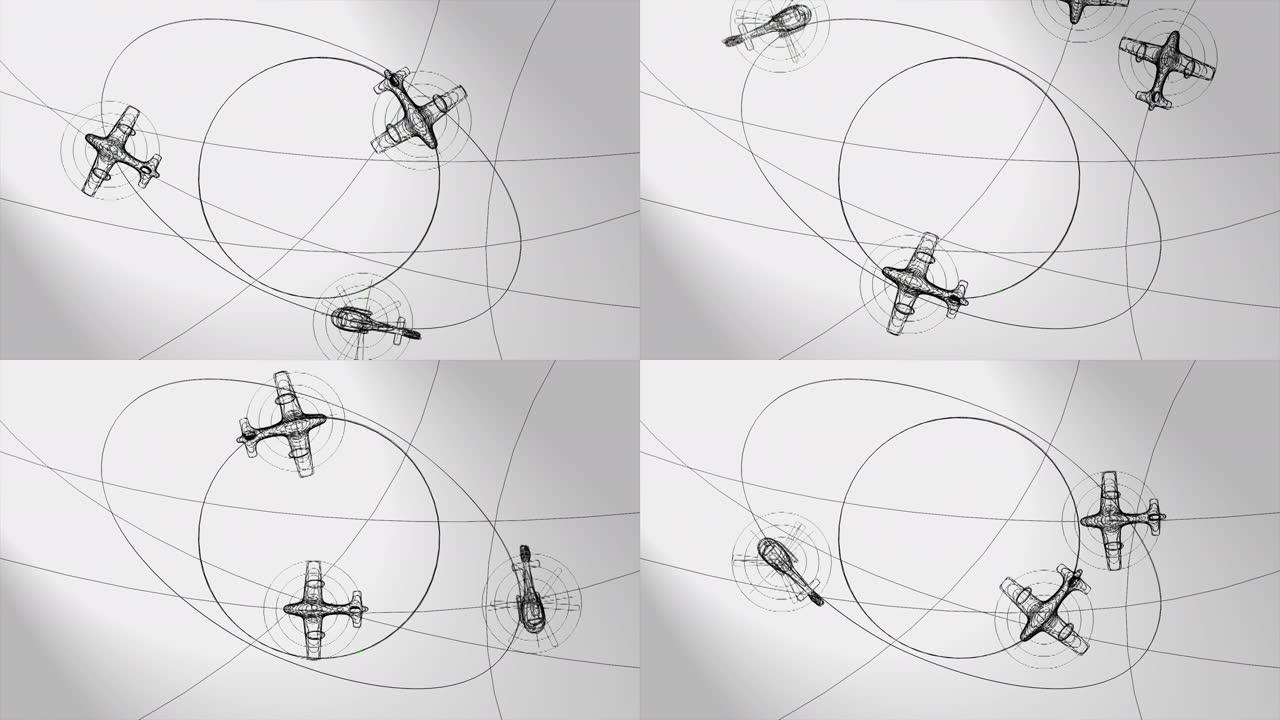 2d动画，许多飞机和一架白色背景上有线条的直升机