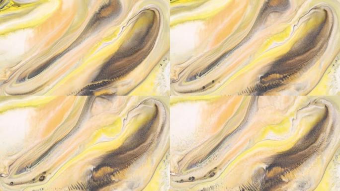 流动艺术绘画素材，具有流动效果的抽象丙烯酸纹理。液体油漆混合背景与飞溅和漩涡。带有白色，黄色和金色溢