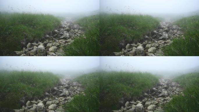 石头下的山溪床。雾中的山口。俄罗斯高加索。