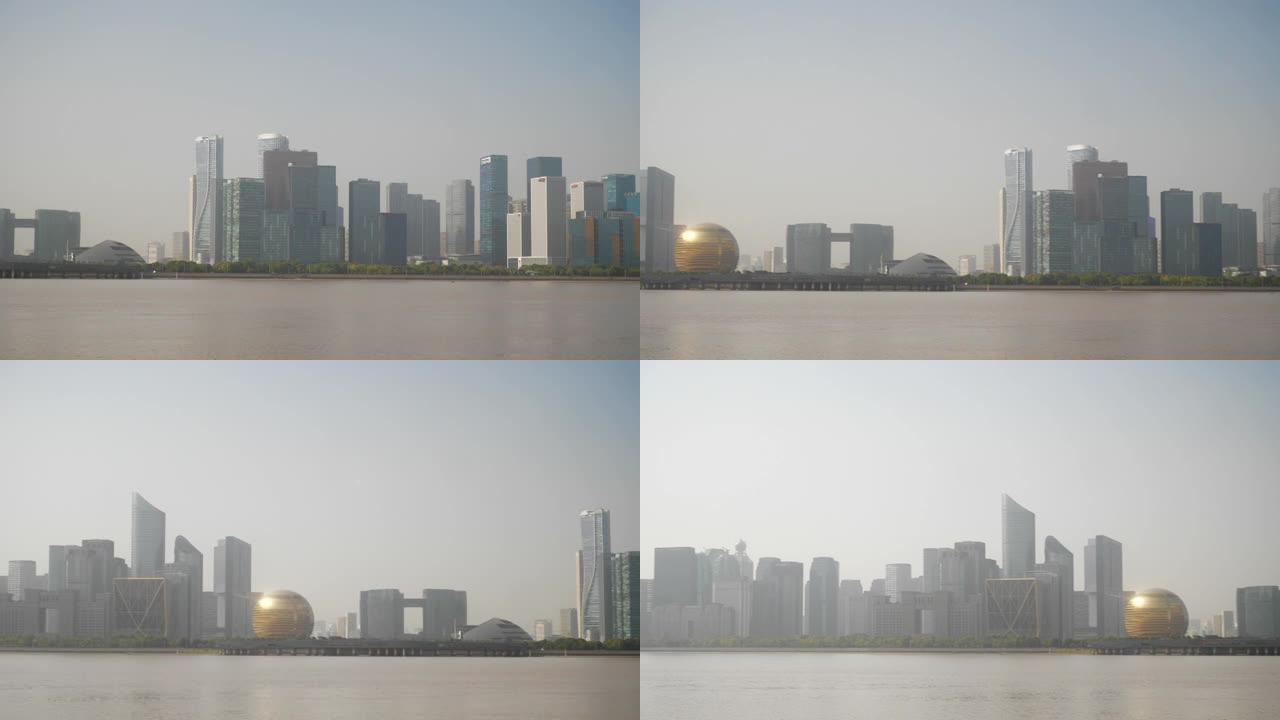晴天时间杭州市市中心金融区滨河湾慢动作全景4k中国