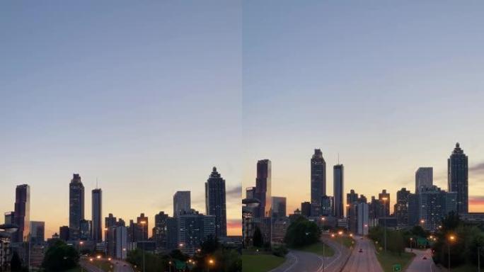 亚特兰大上空的日落和汽车驶向城市