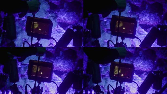 专业潜水员，水下摄影师在库拉索岛加勒比海珊瑚礁的紫外线下夜间拍摄