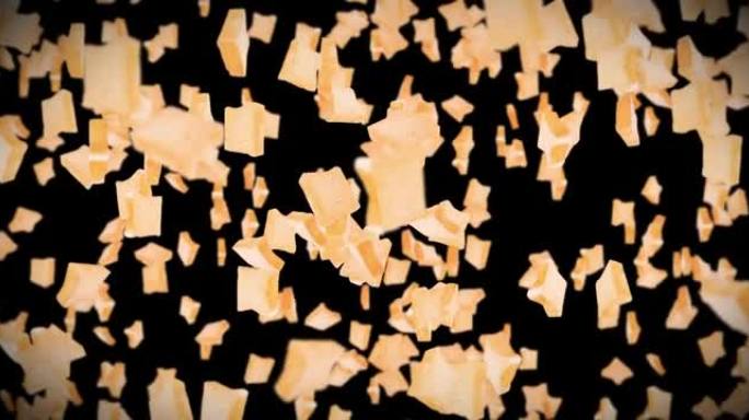 在黑色背景上飞行许多普通的面包片。食品、食品和饮食概念。小麦面包片旋转的3D动画。循环动画。