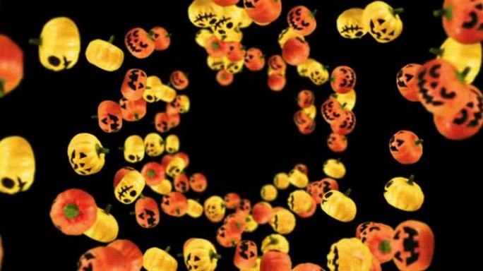 在黑色背景上飞行许多橙色和黄色的南瓜。带着微笑的卡通面孔。节日万圣节的3D动画。循环动画。