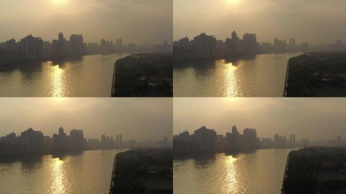 日落时间广州市著名的perl河空中全景4k中国