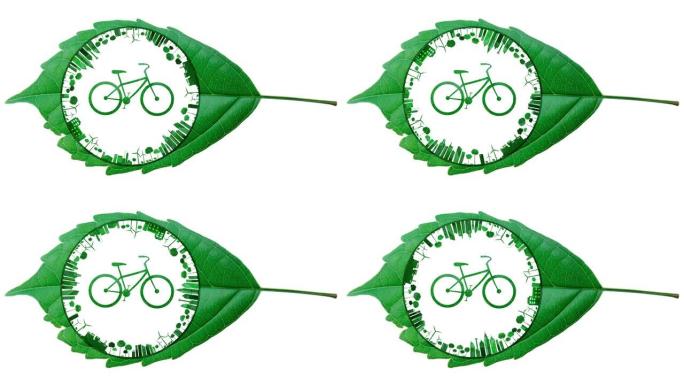 切割绿叶的自行车。