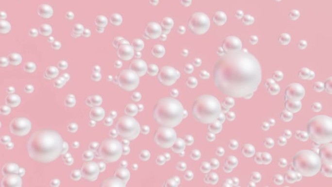 闪亮的白色海珠在粉色背景3D渲染上飞翔