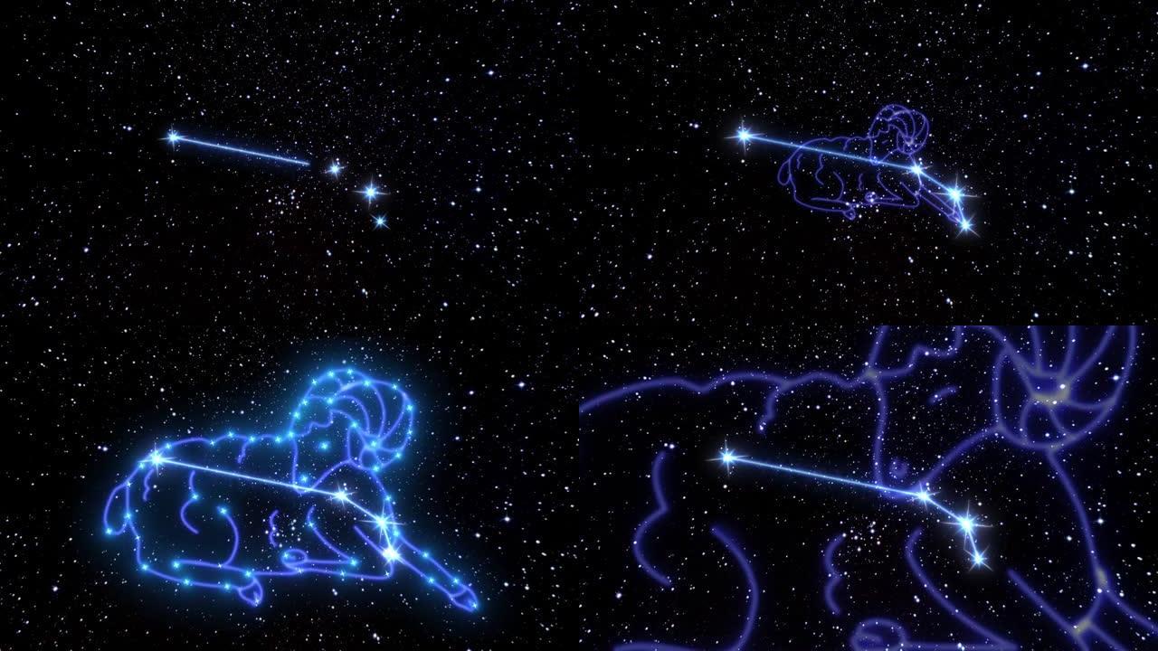 黄道十二宫白羊座是由发光线连接的亮星星座。宇宙夜空中黄道十二宫星座的动画。星座和星座的象征。