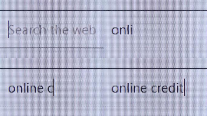 在浏览器中闪烁光标键入在线信用的特写。带申请表的互联网网页