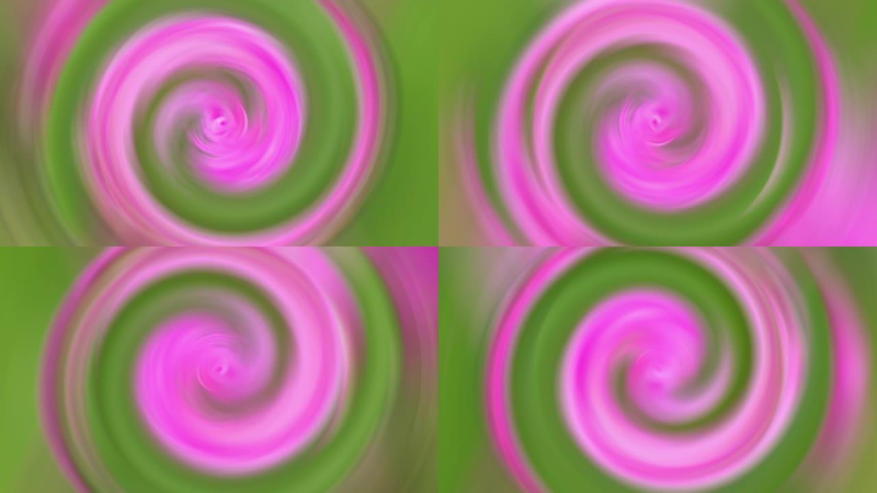 抽象旋转单粉色绿色渐变螺旋图案无缝循环环，中心休克波动。4k抽象模糊波纹生涩分形螺旋无限循环动画。