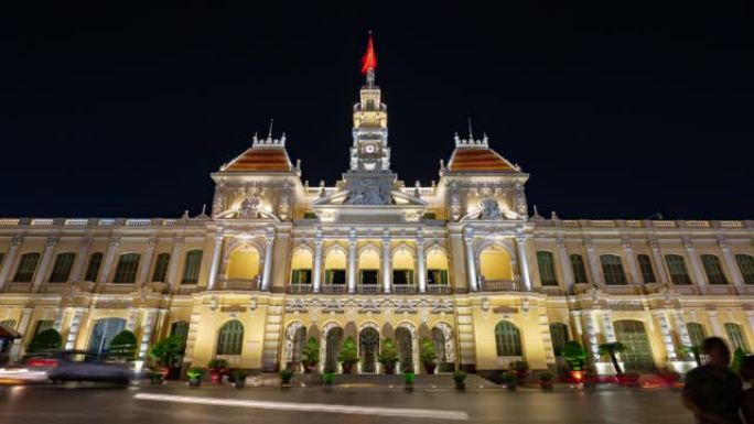 夜间照明胡志明市著名建筑全景4k越南