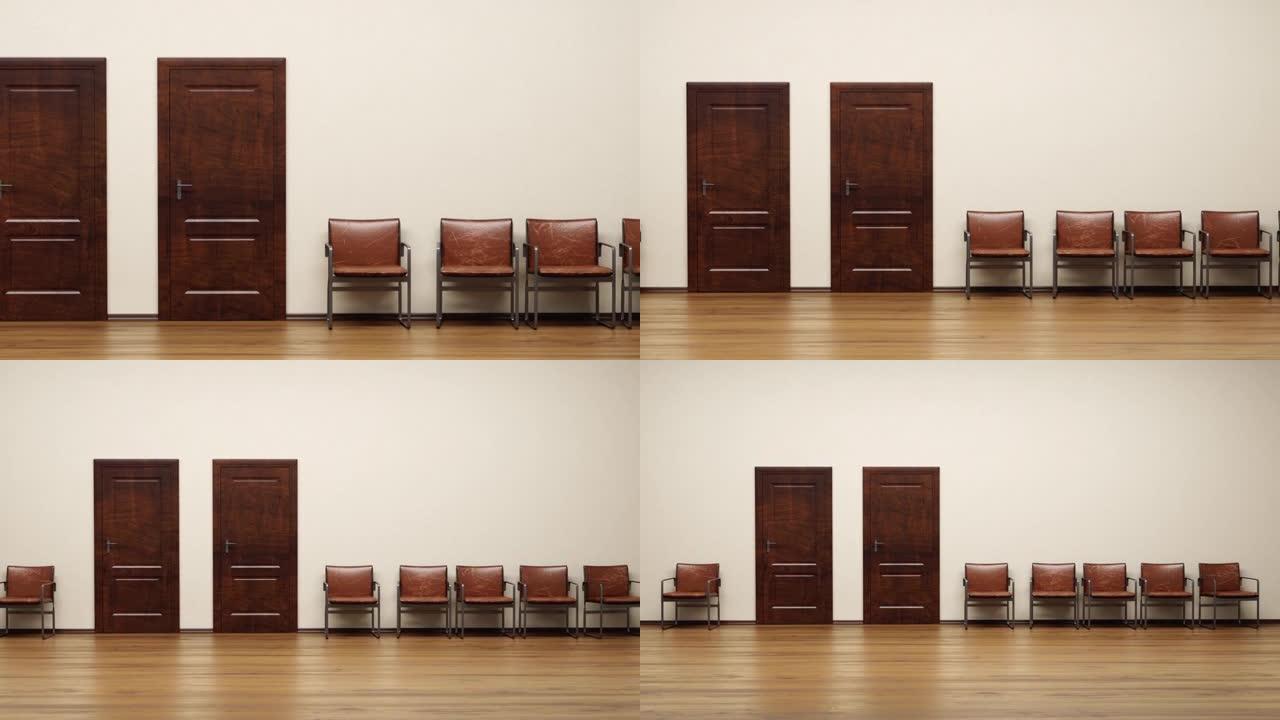 两个办公室的3d渲染有一个走廊和等待的椅子。