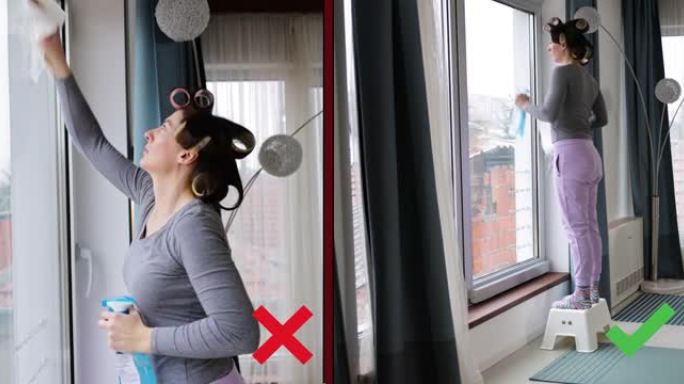 清洁高窗户的正确和不良姿势的分屏视频